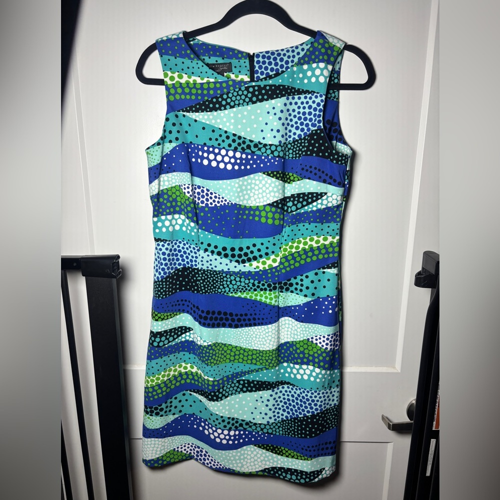Kim Rogers Blue and Green Wave Pattern Mini Dress